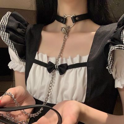 Vòng cổ da, chocker hình mèo gắn chuông cosplay kèm dây xích có thể tháo rời PKC010