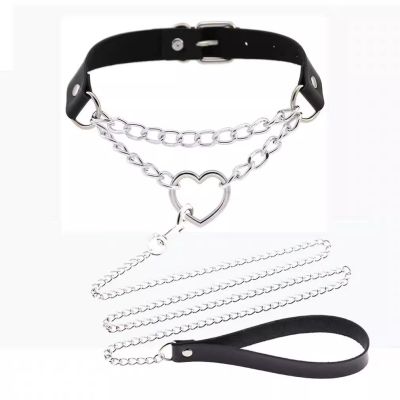 Vòng cổ da PU, choker dây chuyền gắn tim kèm dây xích tháo rời quyến rũ PKC010