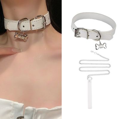 Vòng cổ da PU, choker dây chuyền gắn xương kèm dây xích tháo rời quyến rũ PKC010