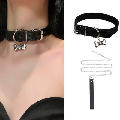 Vòng cổ da PU, choker dây chuyền gắn xương kèm dây xích tháo rời quyến rũ PKC010