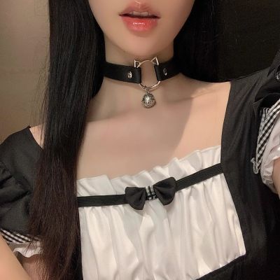 Vòng cổ da, chocker hình mèo gắn chuông cosplay kèm dây xích có thể tháo rời PKC010