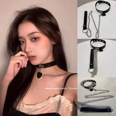 Vòng cổ da PU, choker dây chuyền gắn tim kèm dây xích tháo rời quyến rũ PKC010